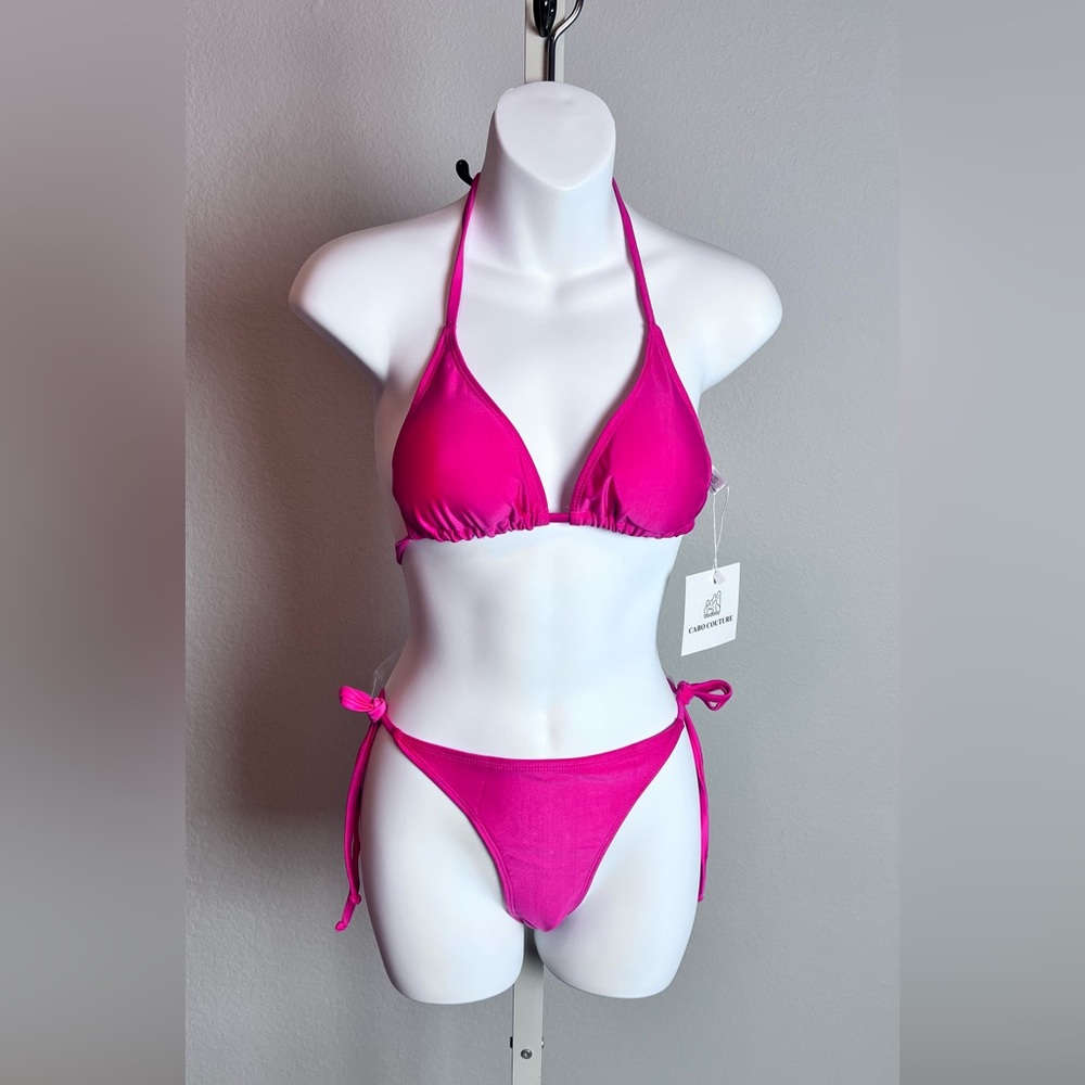 2 piece hot pink bikini set with adjustable straps